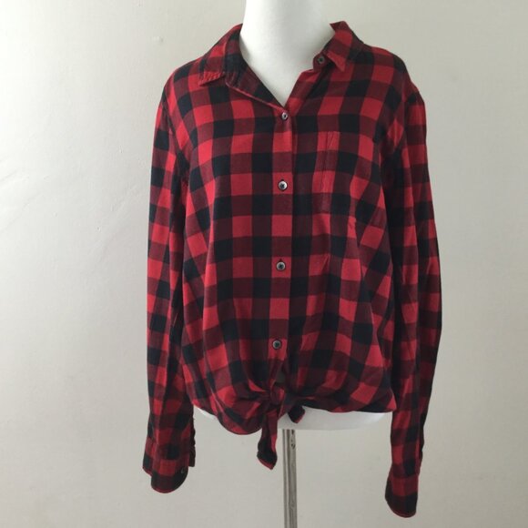 Madewell Red/Black Checkered Flannel Button Down Tie-Front Shirt xl - Picture 2 of 9